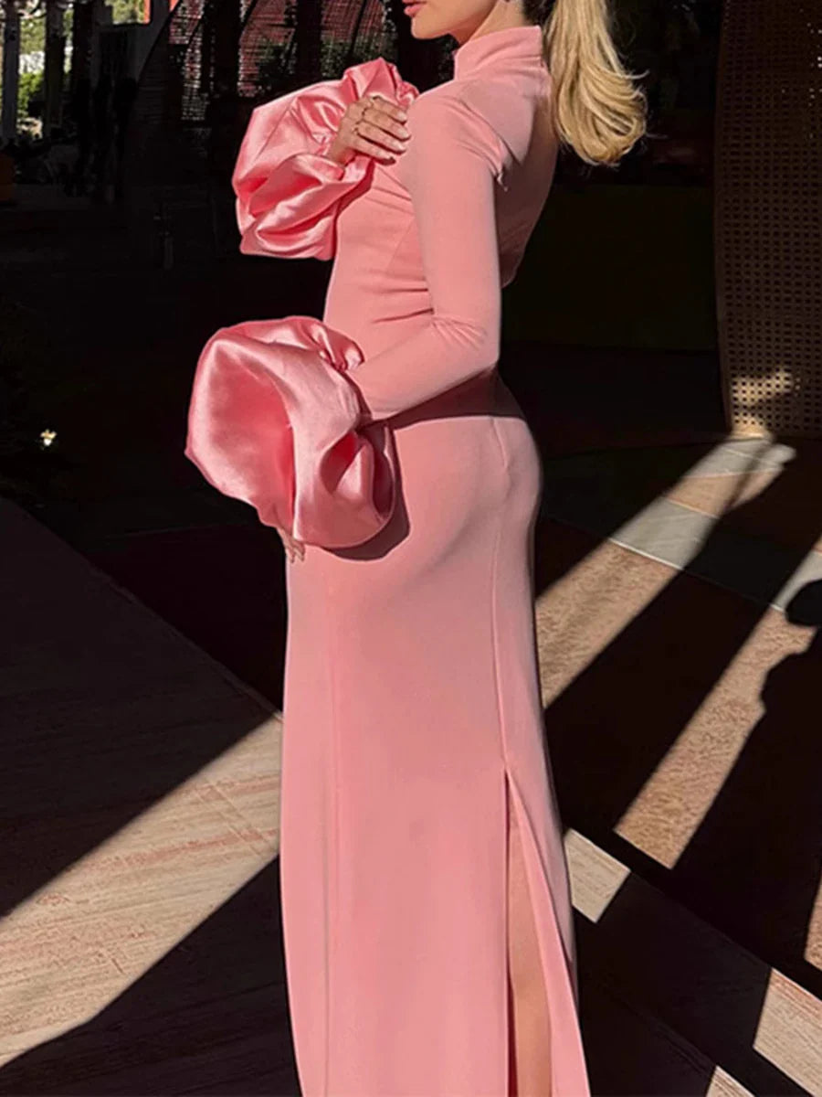 Pink Statement Sleeve Gown | Elegant High Neck Maxi Dress