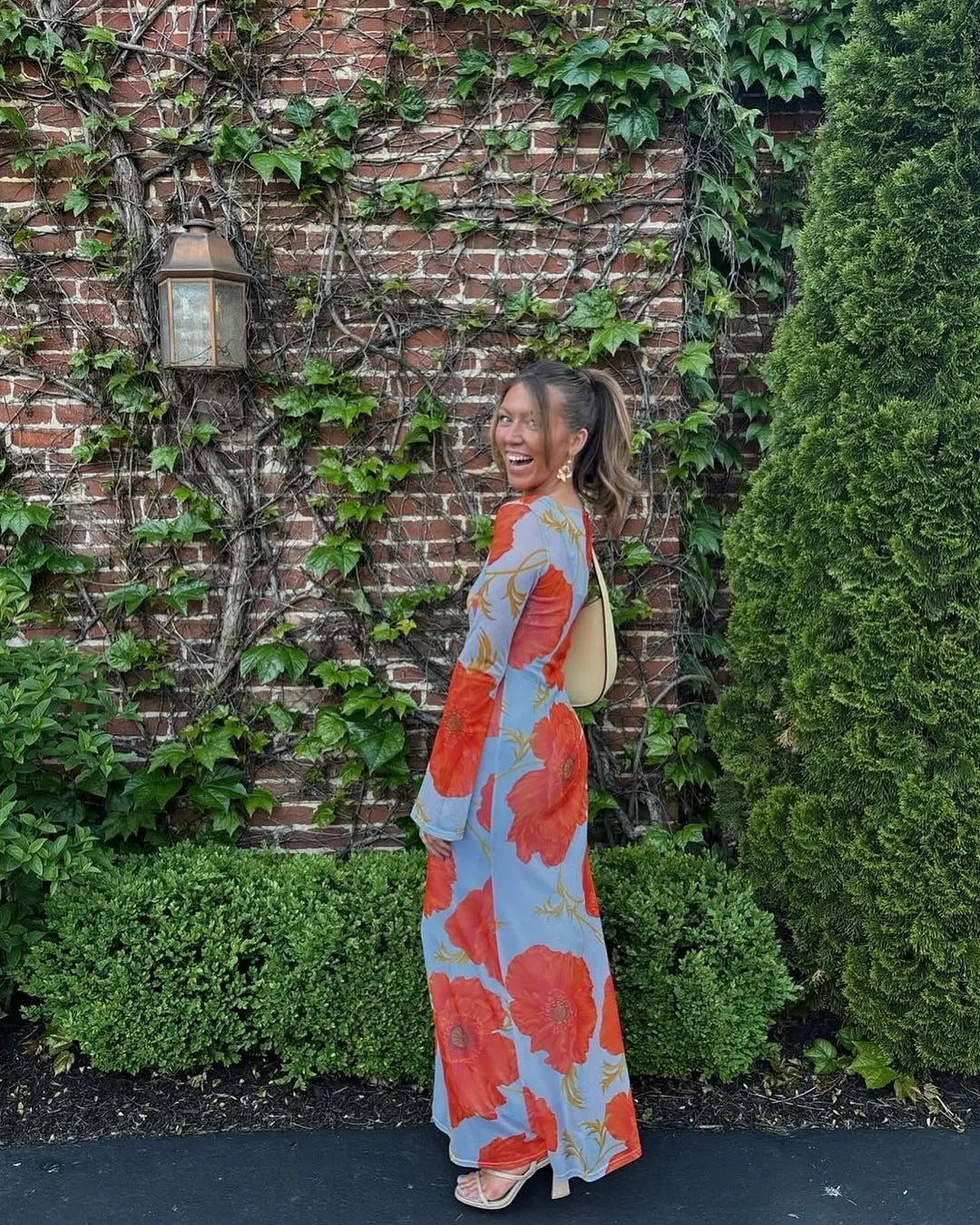 Poppy Floral Long-Sleeve Maxi Dress, Blue, Red