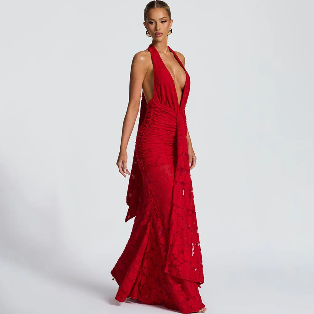 Red Halter Backless Maxi Dress | Elegant Empire Waist Gown