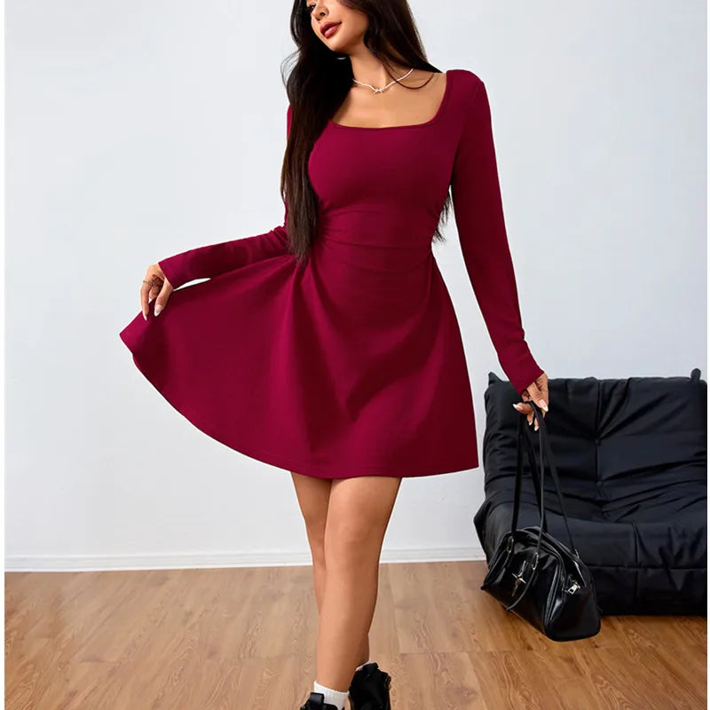 Red Square Neck Mini Dress | Elegant Above-Knee Fit for Events
