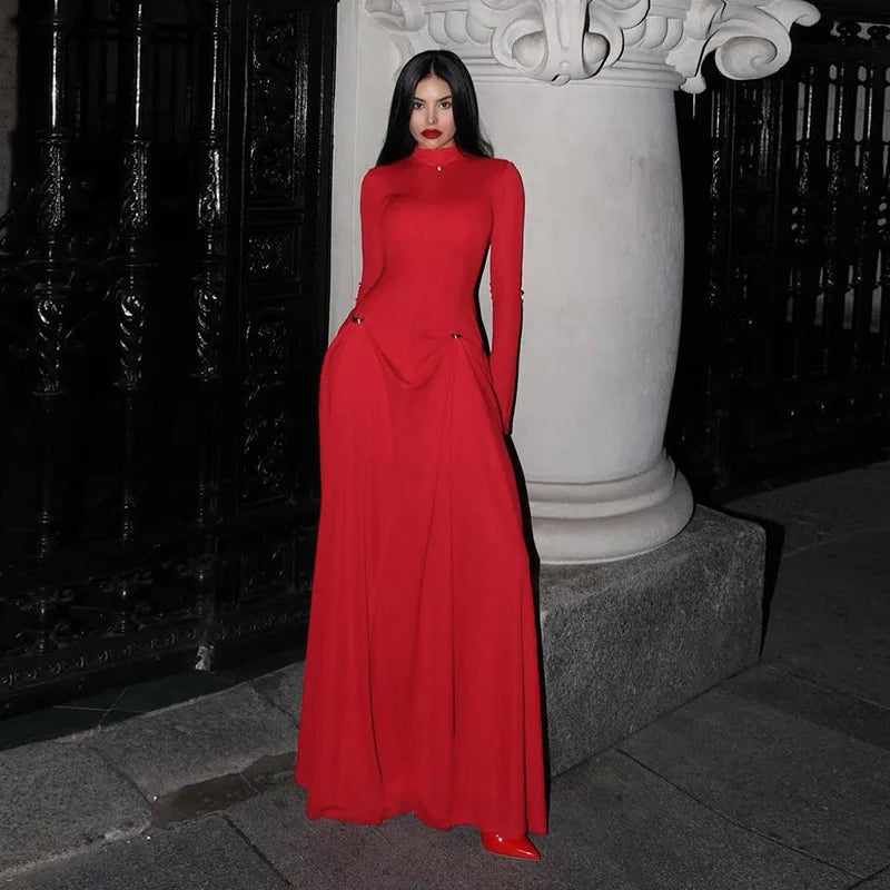 Elegant Red Long Sleeve Maxi Dress – Formal Party & Evening Gown