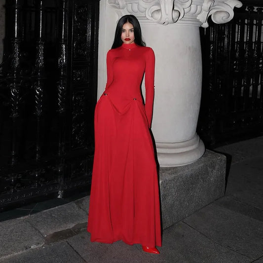 Elegant Red Long Sleeve Maxi Dress – Formal Party & Evening Gown