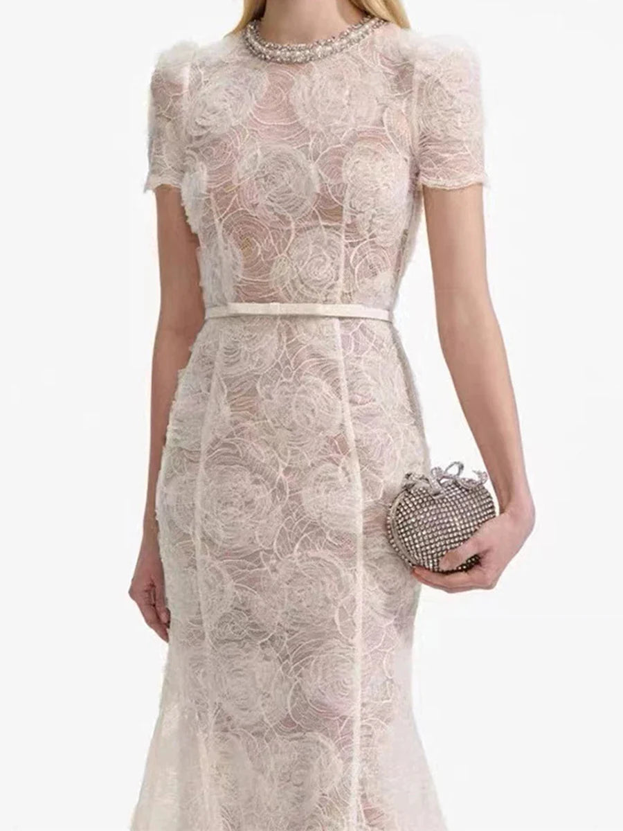 Lace Mini Dress | Round Neck Belted A-Line Dress