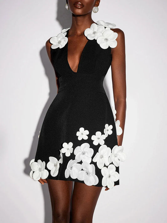 3D Floral Mini Dress | Sleeveless V-Neck Gown