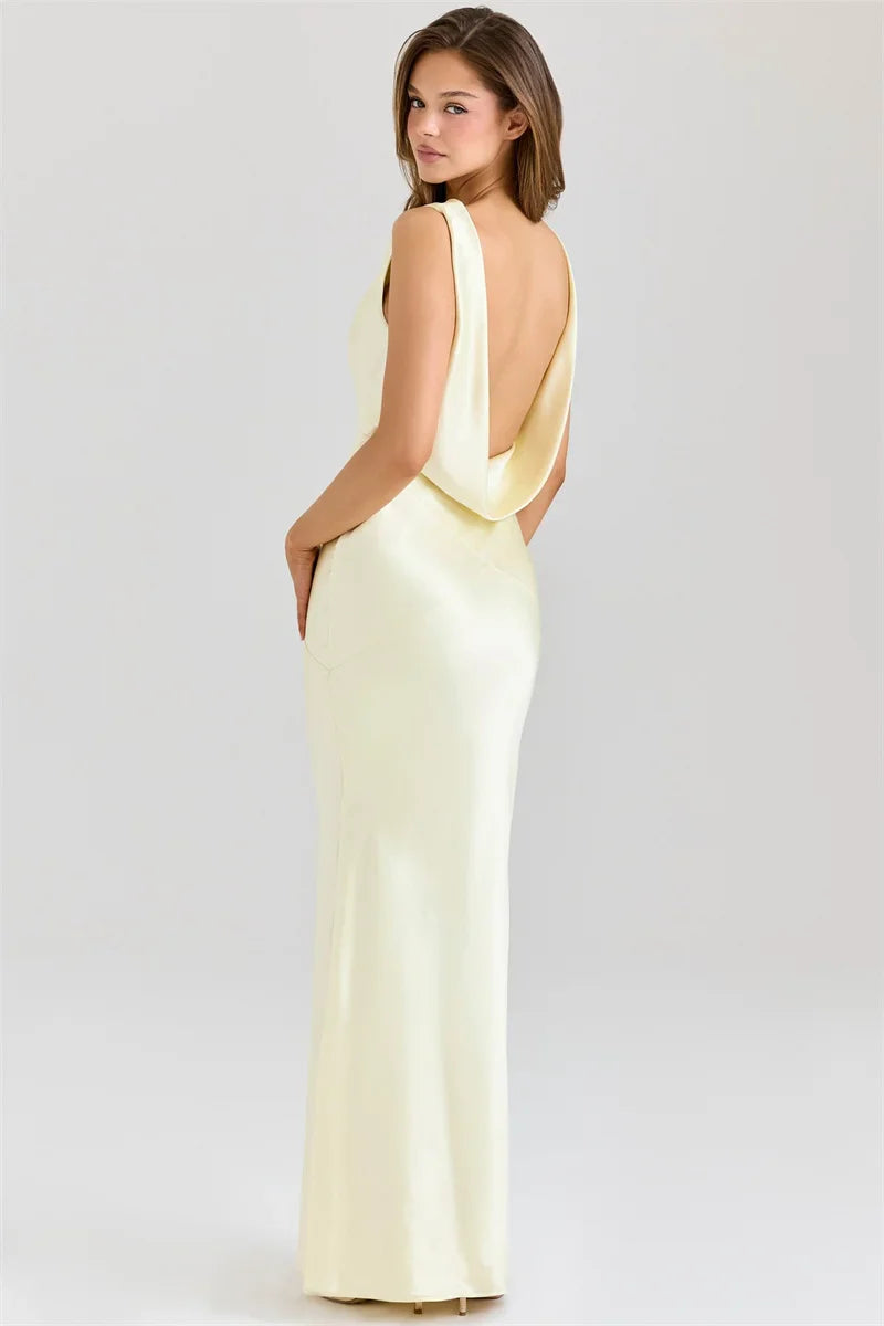 Light Yellow Cowl Neck Gown | Pleated Sleeveless Evening Dress