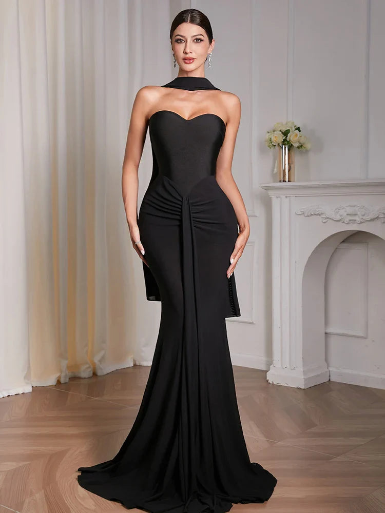 Black Strapless Draped Patchwork Maxi Dress