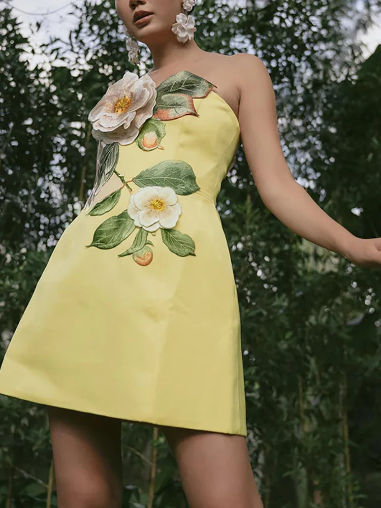Yellow Strapless Embroidered Floral Mini Dress