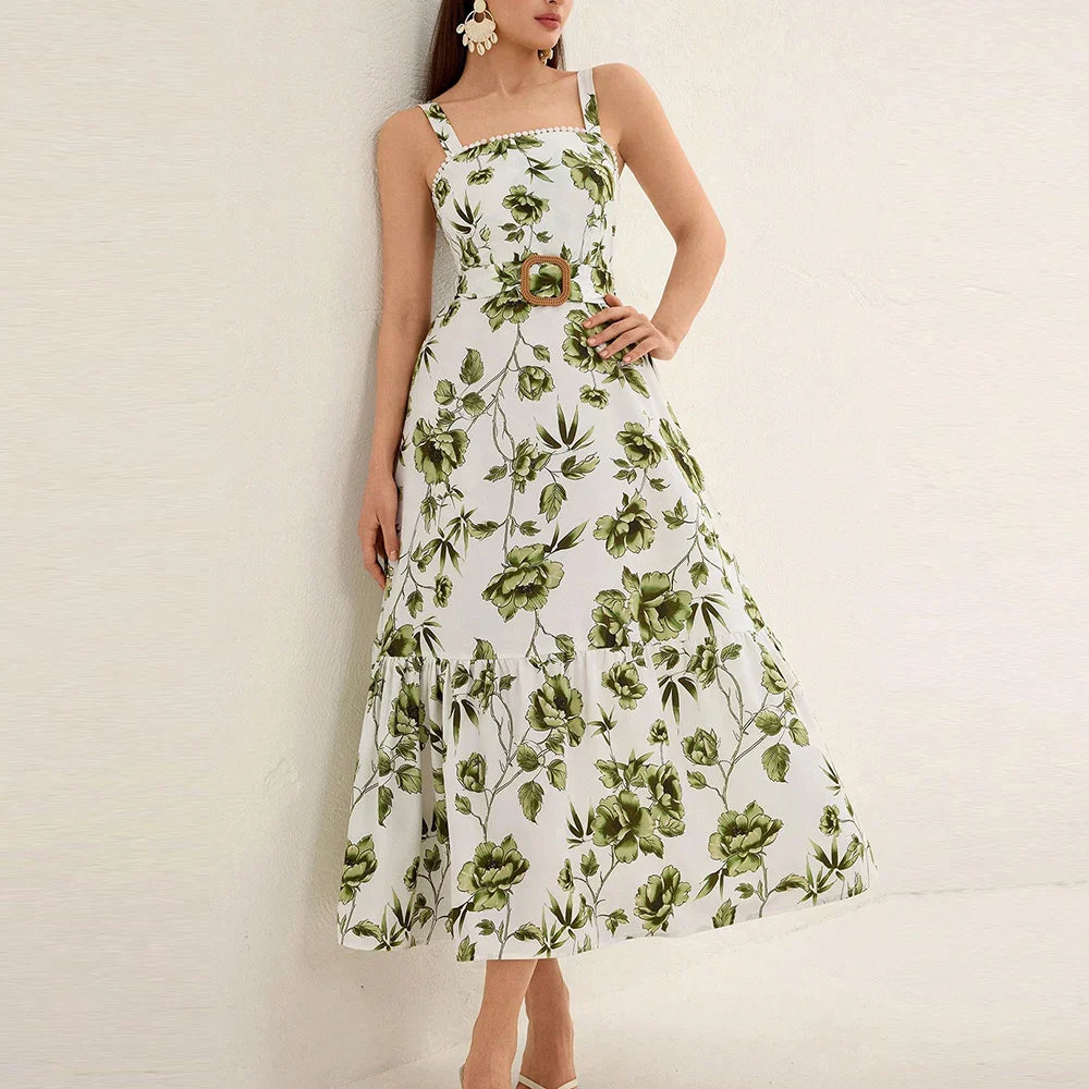 Green Floral Belted Maxi Dress | Square Neck Sundress for Late Summer