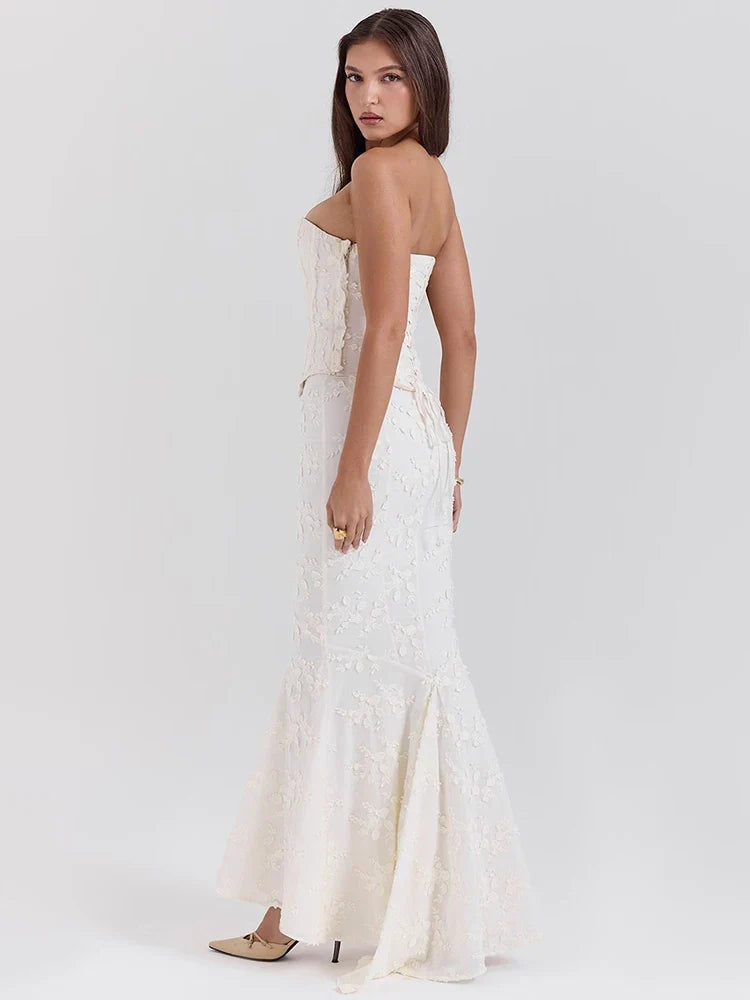 Strapless White Crop Top & Maxi Skirt Set