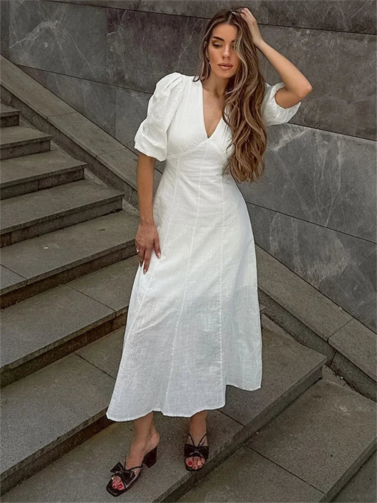 White Puff Sleeve Backless Dress | Summer Elegance
