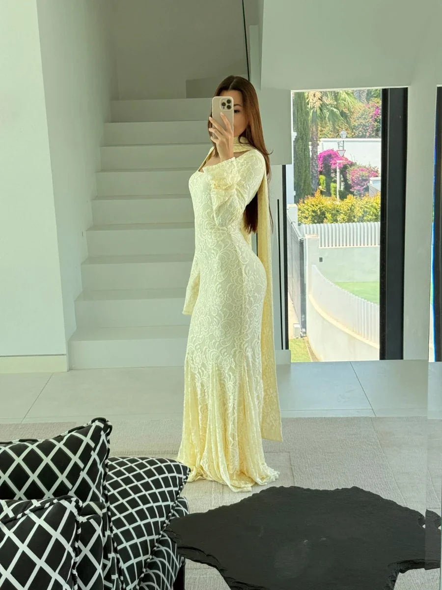Yellow Jacquard Wrap Maxi Dress | Long Sleeve Autumn Occasion Gown