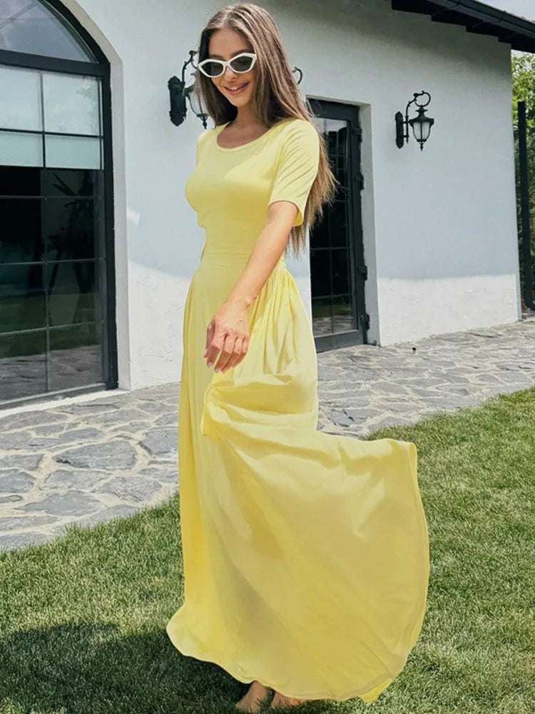 Yellow Short Sleeve Maxi Dress | High Waist Pleated Evening Style