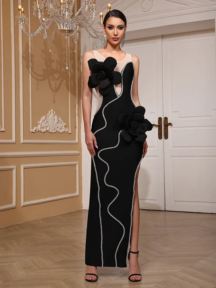 Pink Mesh Flower Diamond Split Bandage Dress | Sparkly Sleeveless Evening Gown