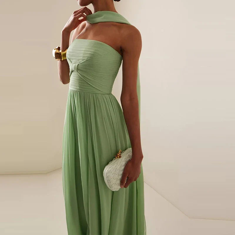 Emerald Pleated Off-Shoulder Dress | Elegant Evening Silhouette