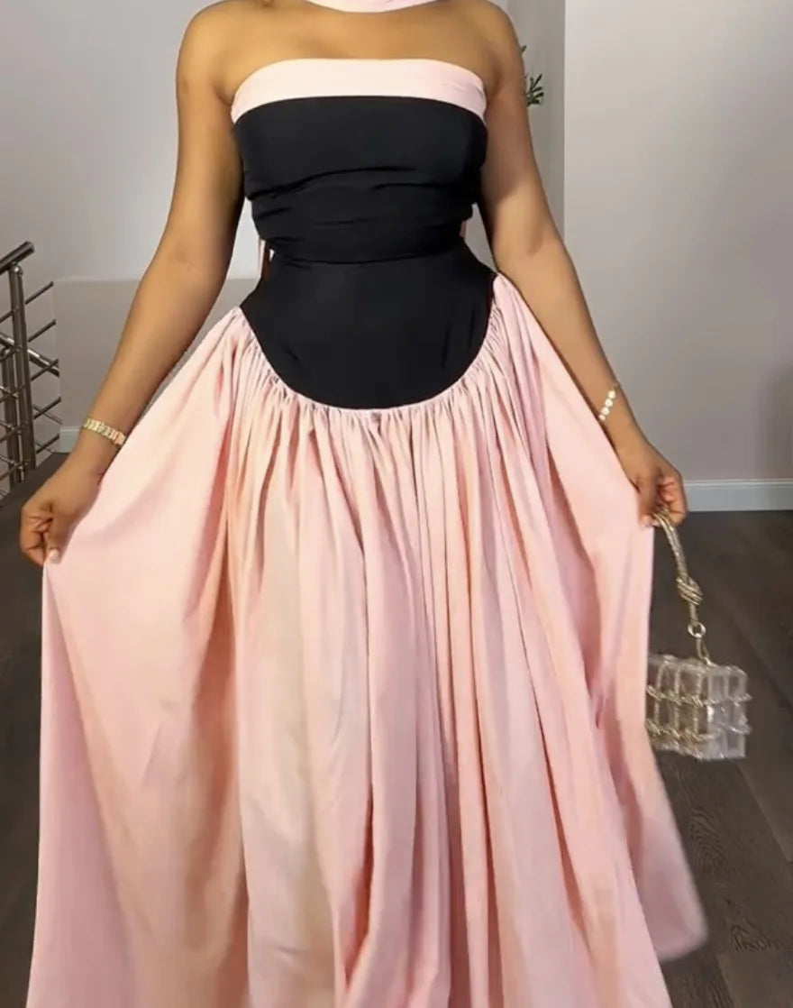 Black & Pink Patchwork Ball Gown | Halter Empire Maxi Dress
