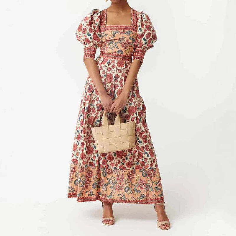 Boho Floral Square Neck Midi | Puff Sleeve Cotton Dress
