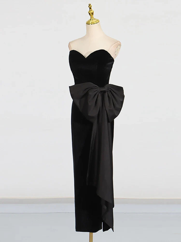 Black Velvet Strapless Bow Dress | Split Mid-Calf Evening Gown