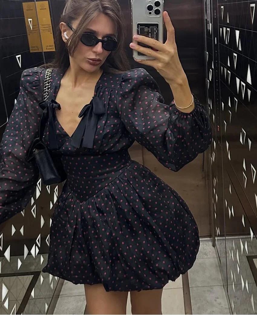 Black Polka Dot Tie Front Mini Dress | A-Line Long Sleeve V-Neck