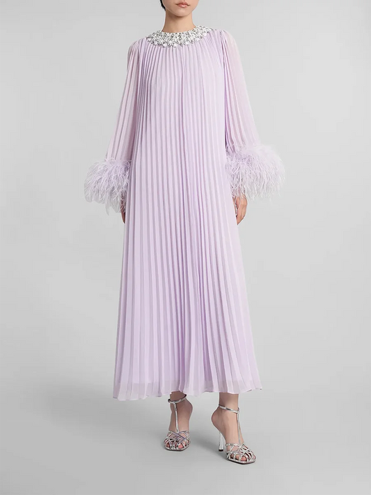 Feather Trim Pleated Midi Dress – Diamond Patchwork Prairie Chic