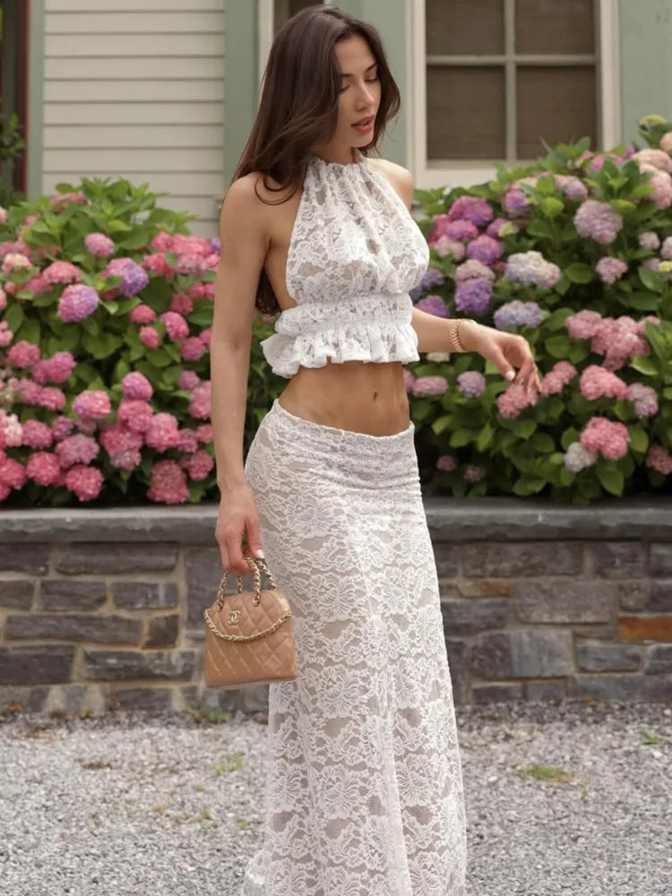 White Lace Halter Co-ord Set | Boho Summer 2-Piece Outfit