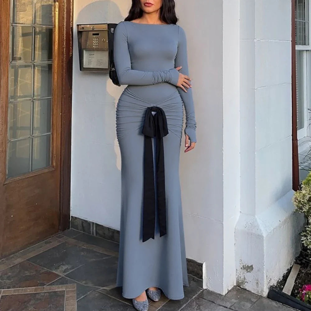 Grey Full Sleeve Bandage Gown | Elegant Slim Fit Autumn Edit