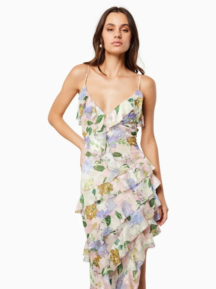Floral Ruffle Maxi Dress | Romantic Strappy Evening Gown