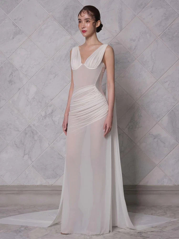 White Draped Bustier V Neck Maxi Dress | Sleeveless Floor-Length Gown