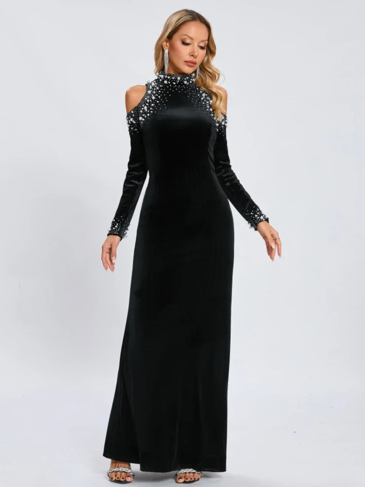 Black Velvet Beaded Pearl Dress | Off Shoulder Elegant Gown