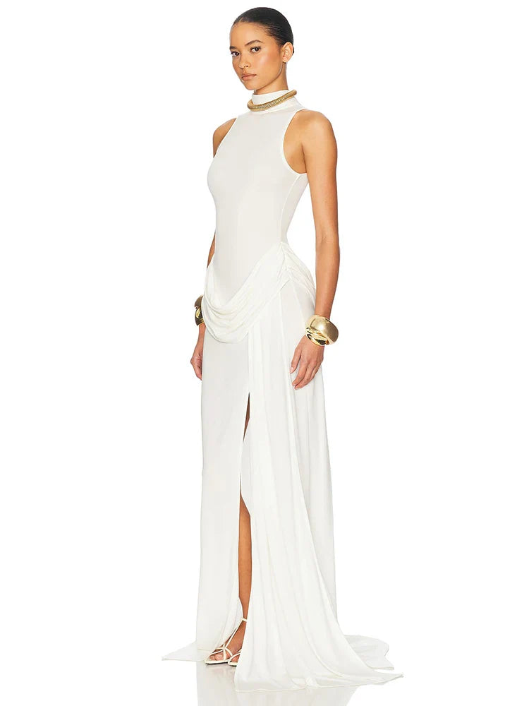 White High Slit Turtleneck Gown | Modern Sleek Evening Dress