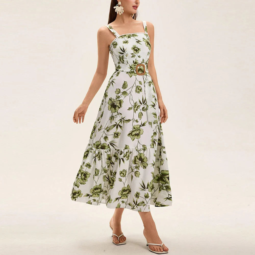 Green Floral Belted Maxi Dress | Square Neck Sundress for Late Summer