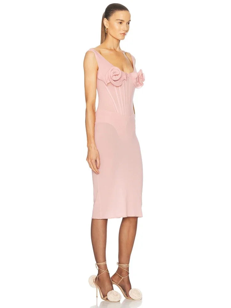 Pink Sling Patchwork Flower Dress | Sleeveless Midi Gown