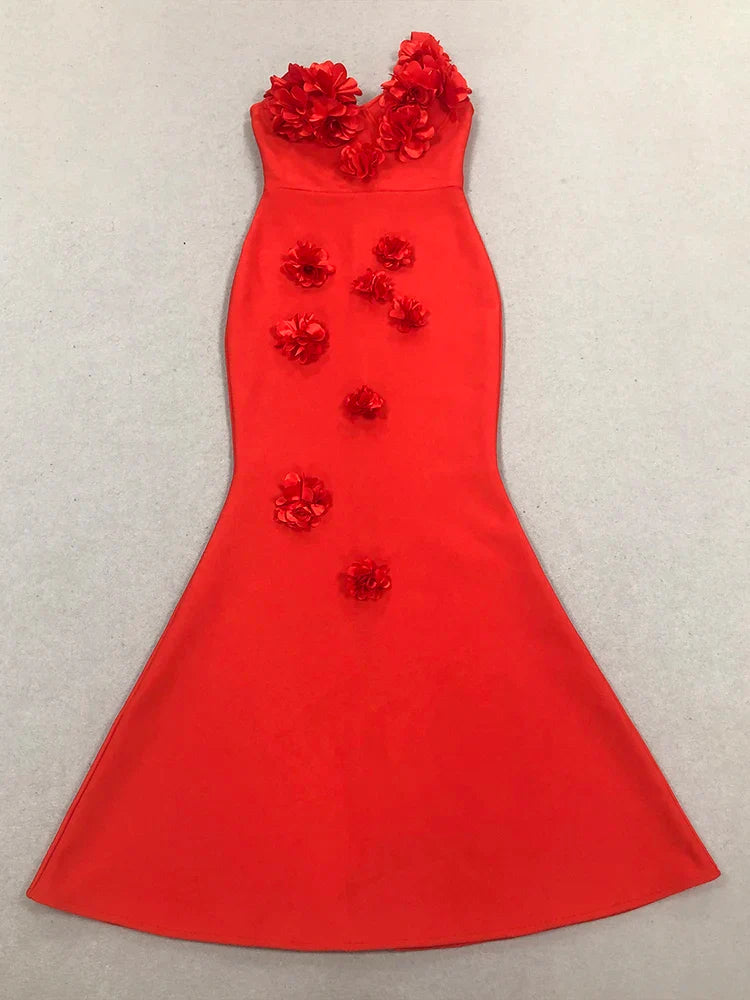 Red One Shoulder Floral Bandage Dress | Backless Bodycon Gown