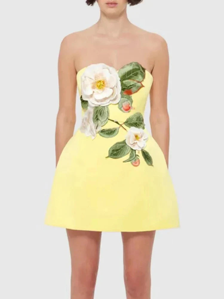 Yellow Strapless Embroidered Floral Mini Dress