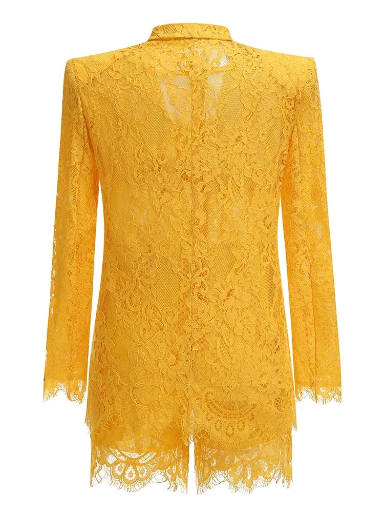 Yellow Lace 3-Piece Suit Set | Blazer, Top & Shorts Evening Wear