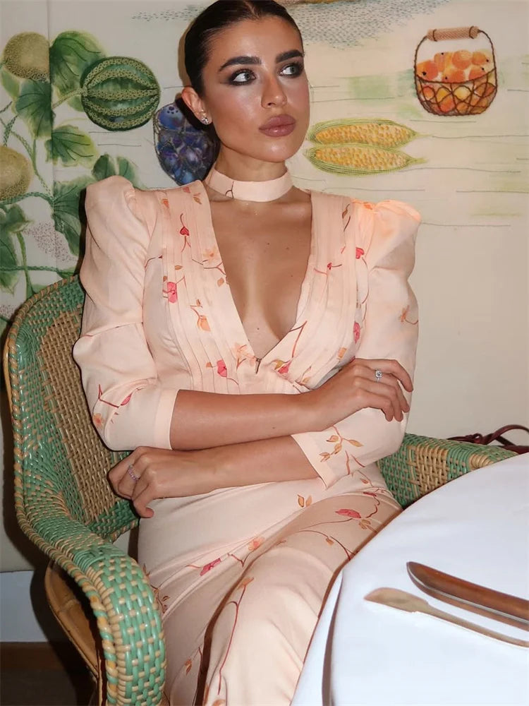 Peach Floral Chiffon Dress | Vintage-Inspired Midi for Garden Soirées