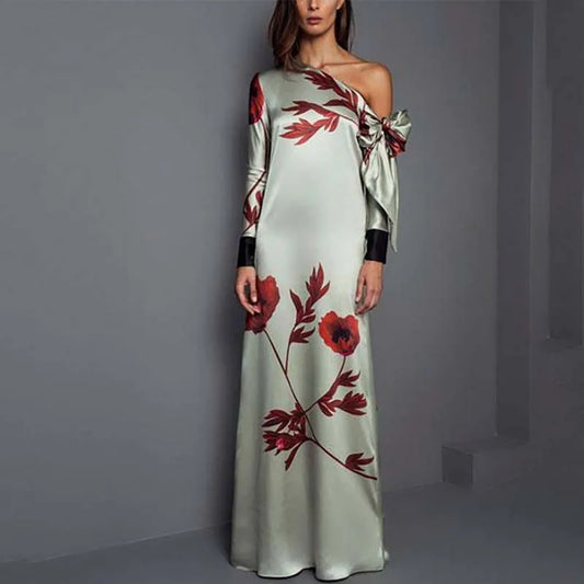 Floral one shoulder maxi dress styled for autumn event looks