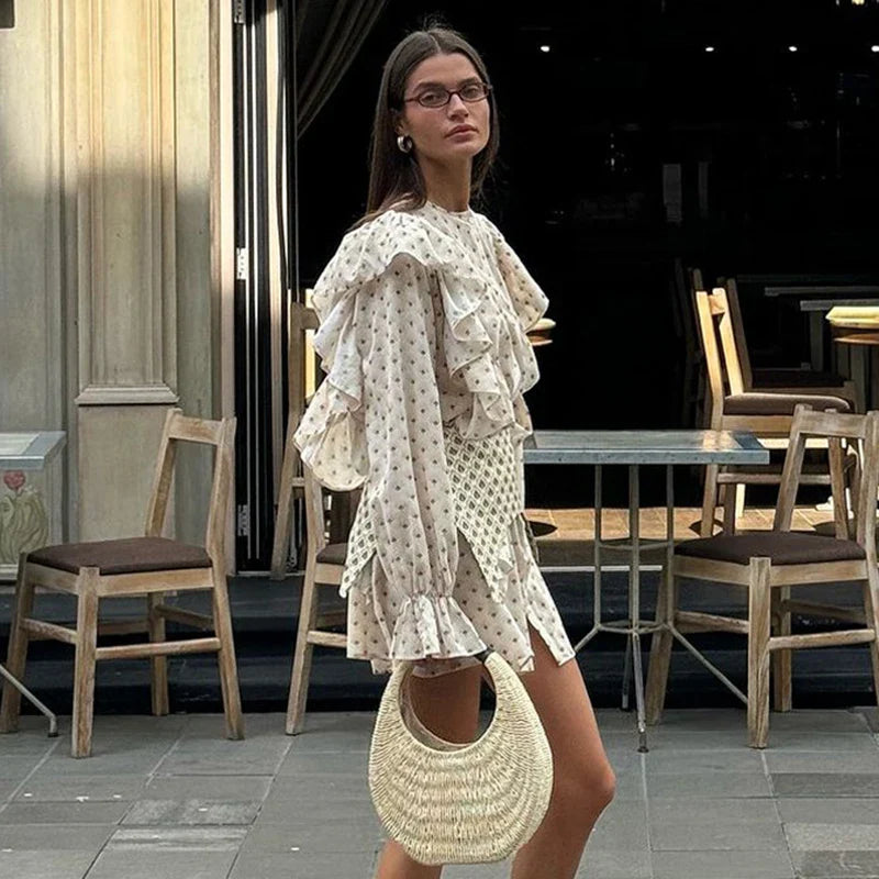 Ruffle Waist Mini Dress | Soft Bloom Print with Flared Sleeves