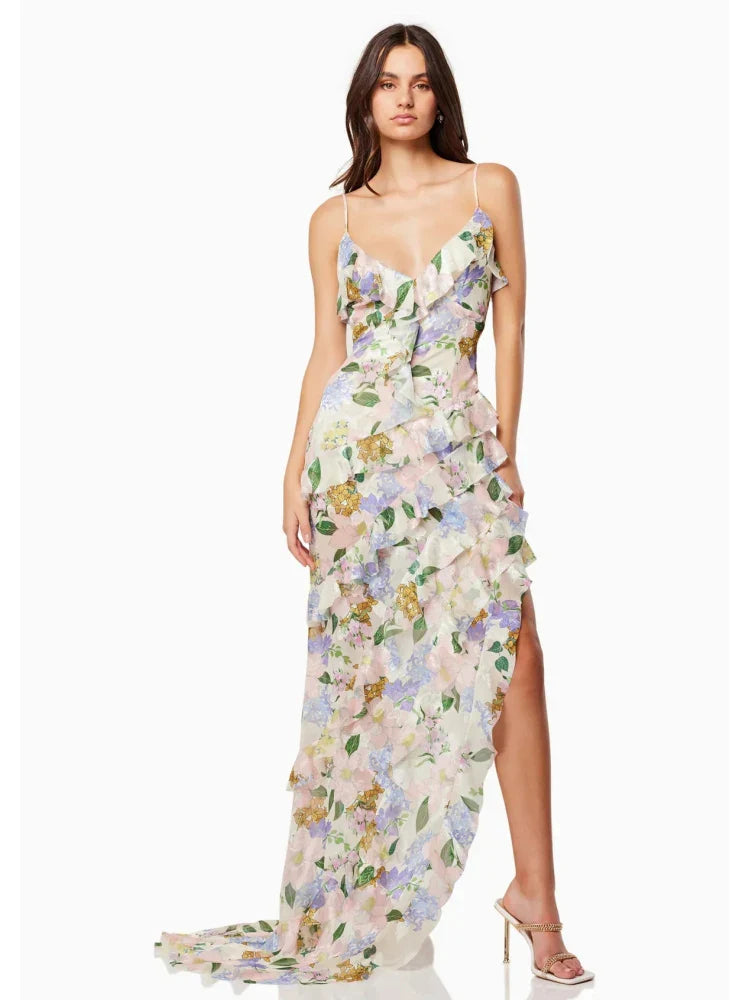 Floral Ruffle Maxi Dress | Romantic Strappy Evening Gown