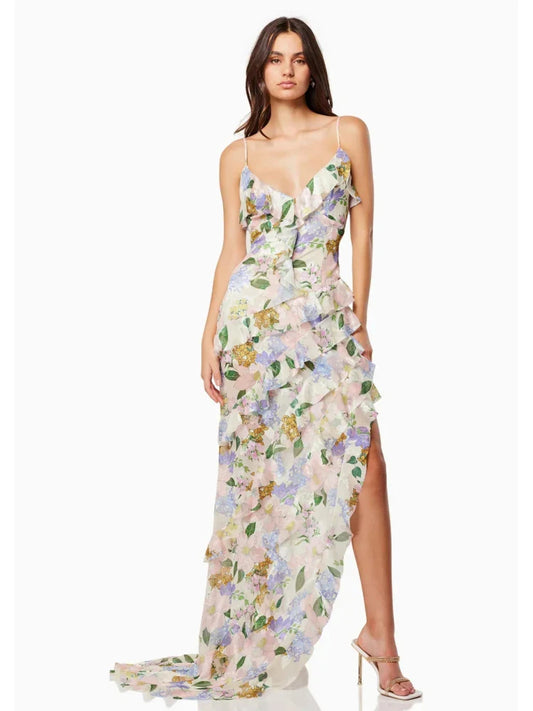 Floral Ruffle Maxi Dress | Romantic Strappy Evening Gown