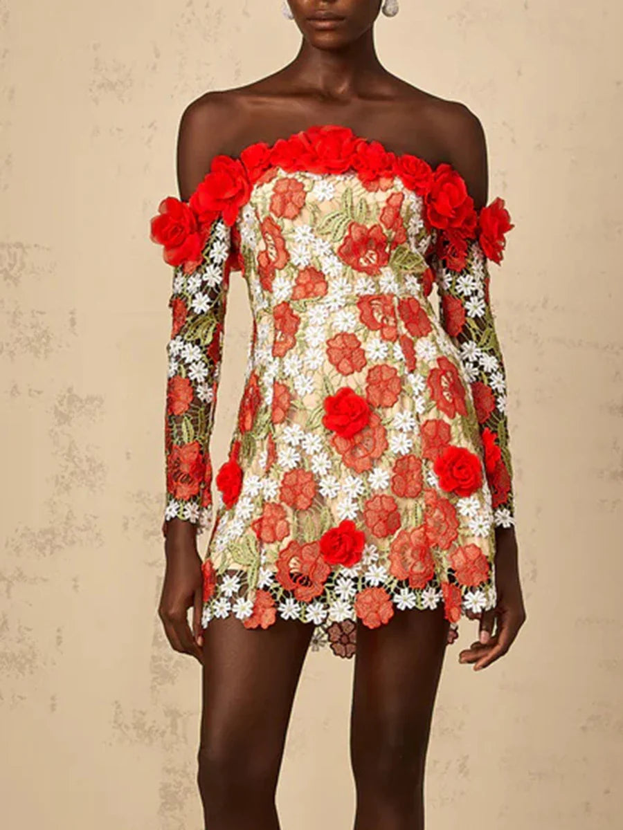 Red 3D Floral Appliqué Off-Shoulder Mini Dress | Summer Standout