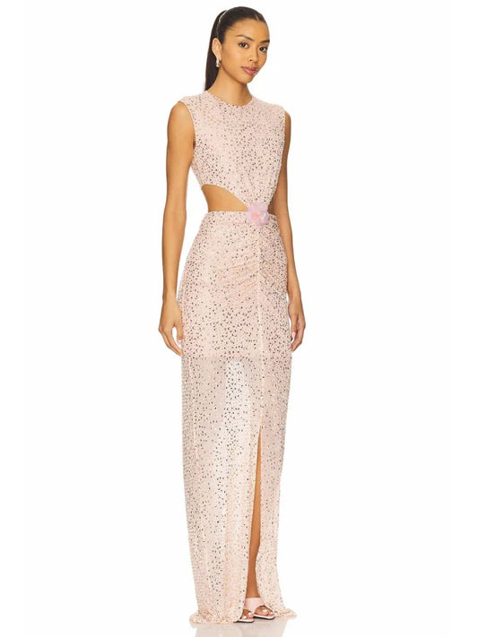 Apricot Mesh Diamond Bodycon Dress | O-Neck Sleeveless Gown