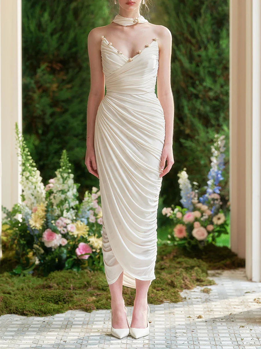 White Draped Pleated Midi Dress with Flower Trim