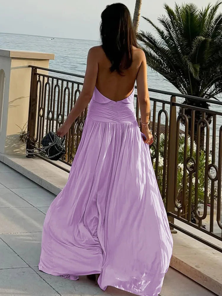 Halter Backless Split Gown | Elegant Pleated Maxi Dress