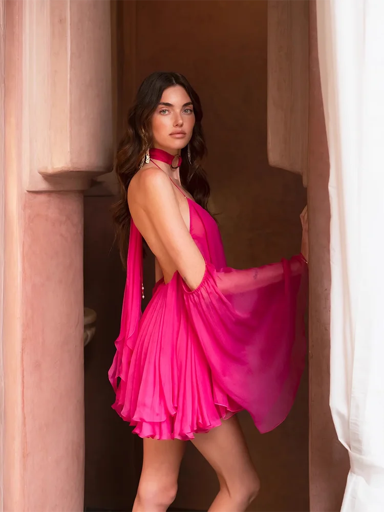 Backless Halter Mini Dress | Flowy Flare Sleeves