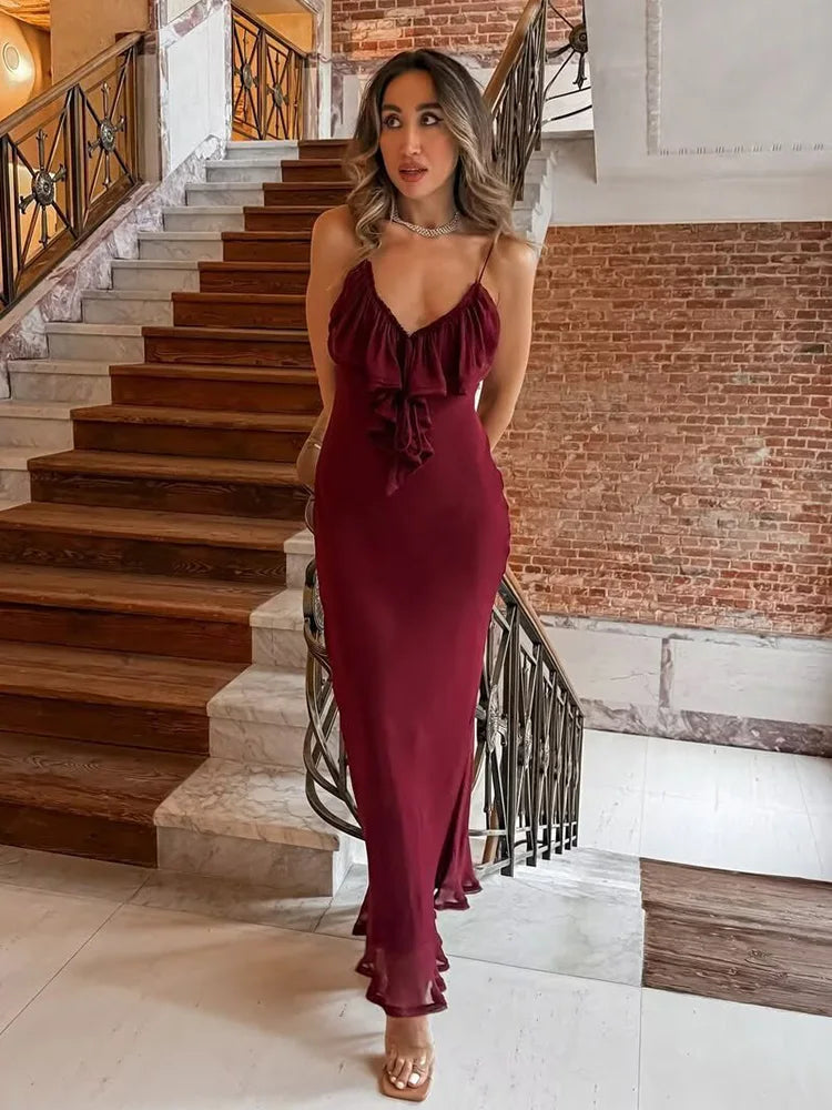 Burgundy Chiffon Tiered Slip Dress | Summer Ankle-Length Gown