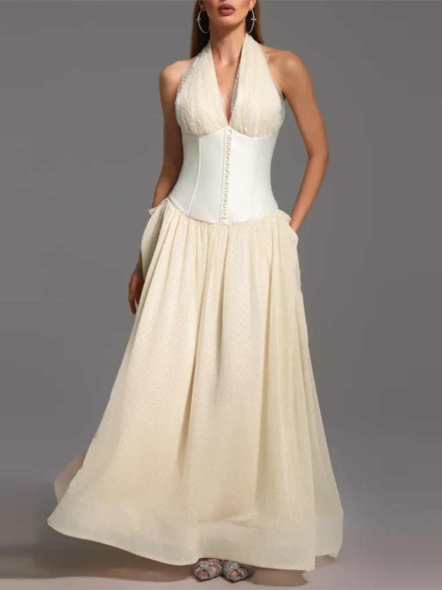 Apricot Halter Corset Maxi Dress | Flowy Pleated Elegance