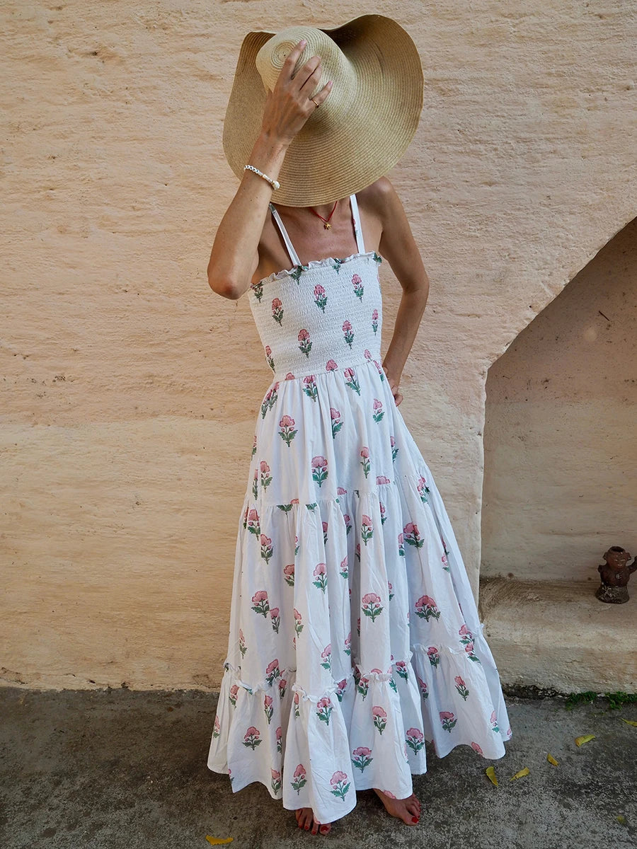 Blue & White Boho Floral Maxi Dress | Backless Empire Summer