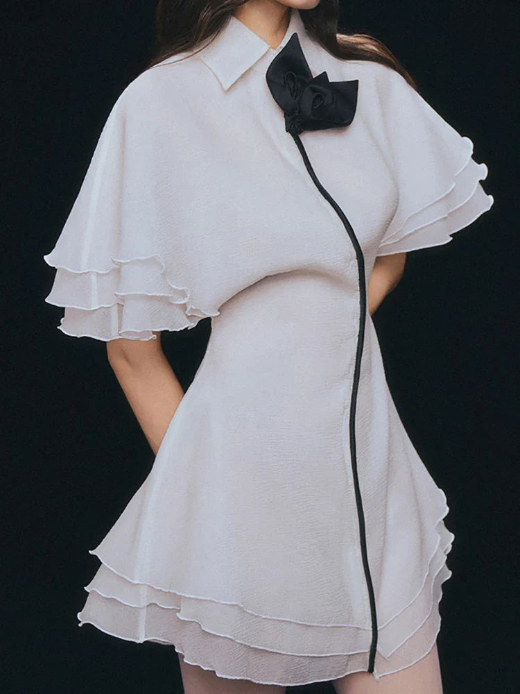 Lapel Bow Ruffle Mini Dress | Flutter Sleeve A-Line