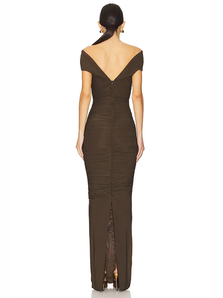 Brown Off Shoulder Hollow Out Evening Dress | V Neck Slim Party Gown