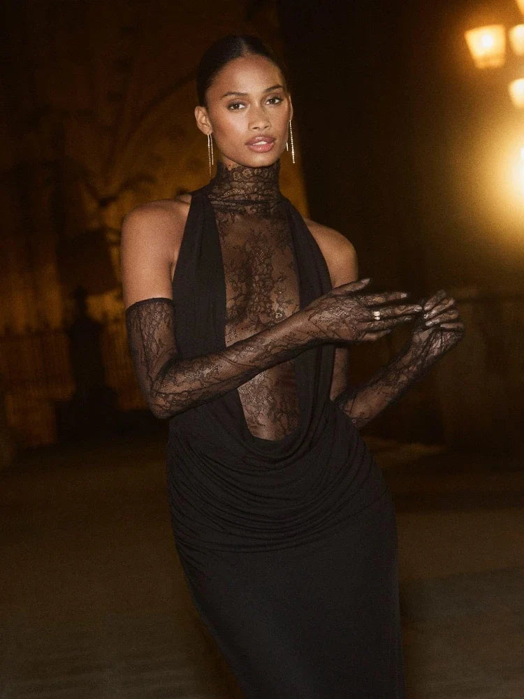 Black Lace Patchwork Turtleneck Long Dress with Gloves | Sheer Backless Evening Gown